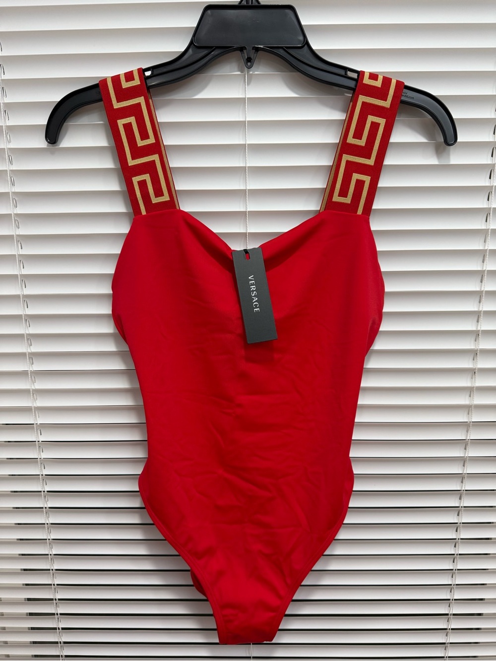 Versace Red One-Piece Swimsuit with Gold Greek Key Straps